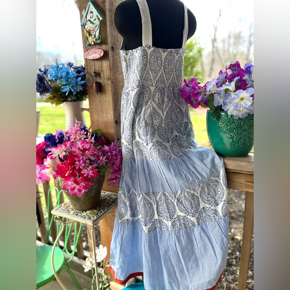 THML Prairie Sleeveless Blue Print Gathered Elastic Top Tiered Skirt Maxi Dress - Picture 4 of 9
